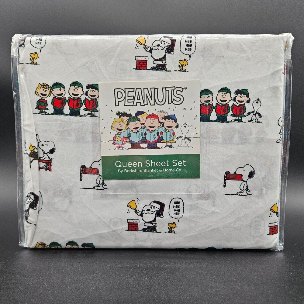 Berkshire Peanuts Snoopy Woodstock Christmas Holiday Queen Sheet Set White New